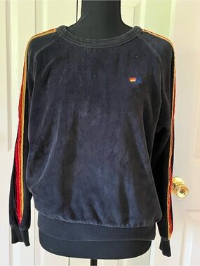 Aviator Nation Black Velour Sweatshirt Rainbow Stripe Pullover Sz M EUC
